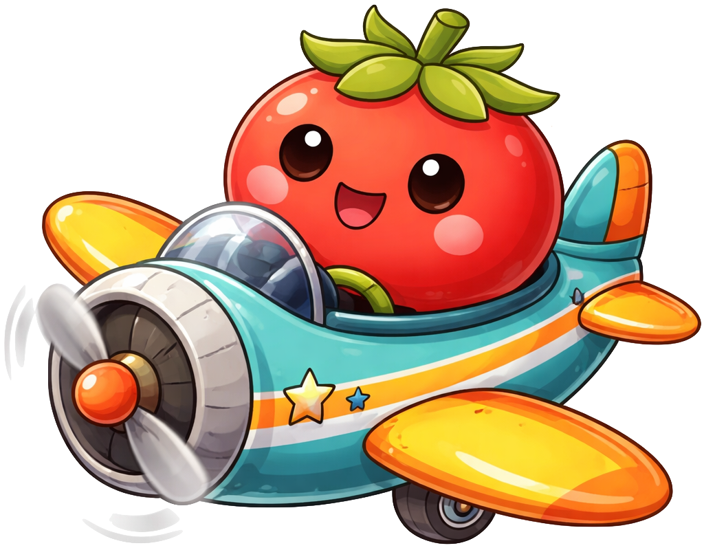Tomato mascot flying a small plane